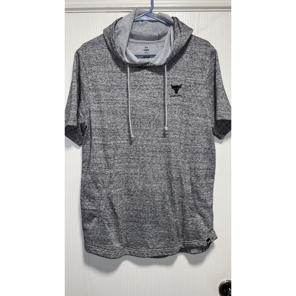 Mens Project Rock Under Armour Grey Hoodie Shirt Loose Fit Short Sleeve Size L